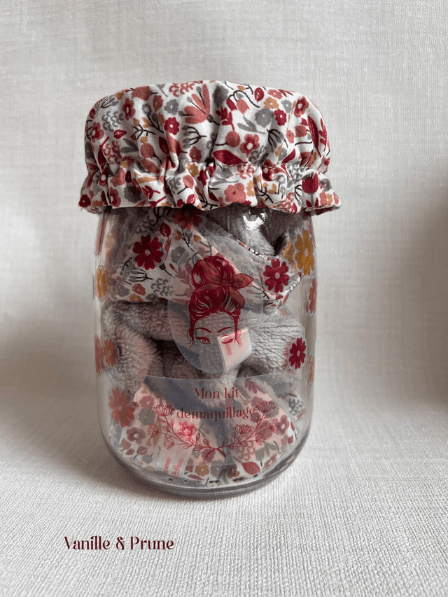 Kit Beauté zéro déchet fleuri gris et son bocal déco assorti 
