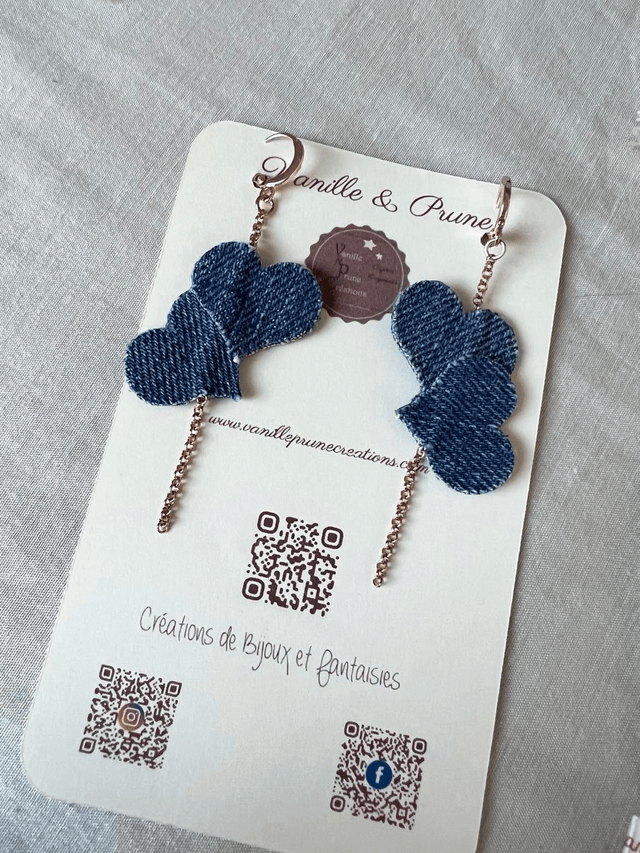 Boucles d'oreilles MY VALENTINE dorées roses, coeurs enlacés en jeans recyclé, bijou upcycling