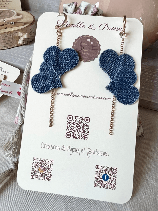 Boucles d'oreilles MY VALENTINE dorées roses, coeurs enlacés en jeans recyclé, bijou upcycling