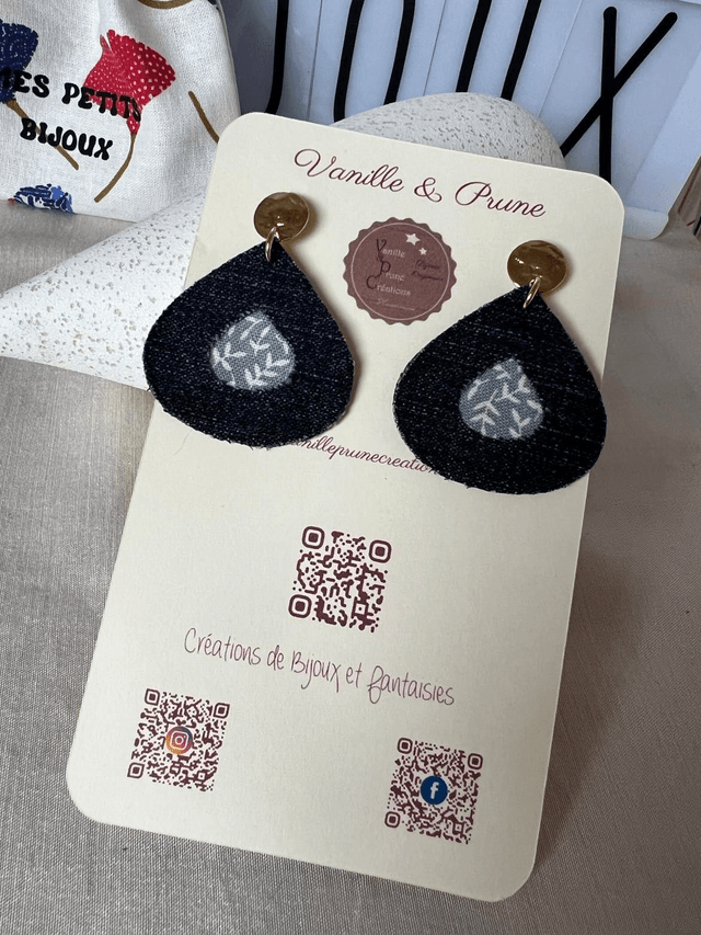 Boucles d'oreilles JOYCE dorée, jolies gouttes en jeans, tissu recyclé vert de gris imprimé, bijou upcycling
