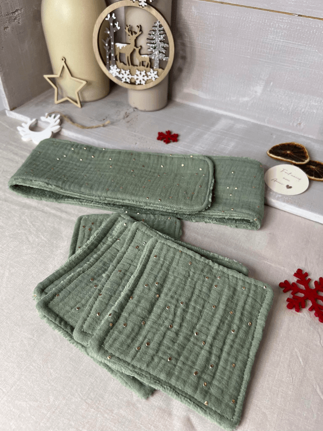 Pack beauté pochon de voyage, bandeau, Lingettes lavables,  Chouchou kaki et pois doré