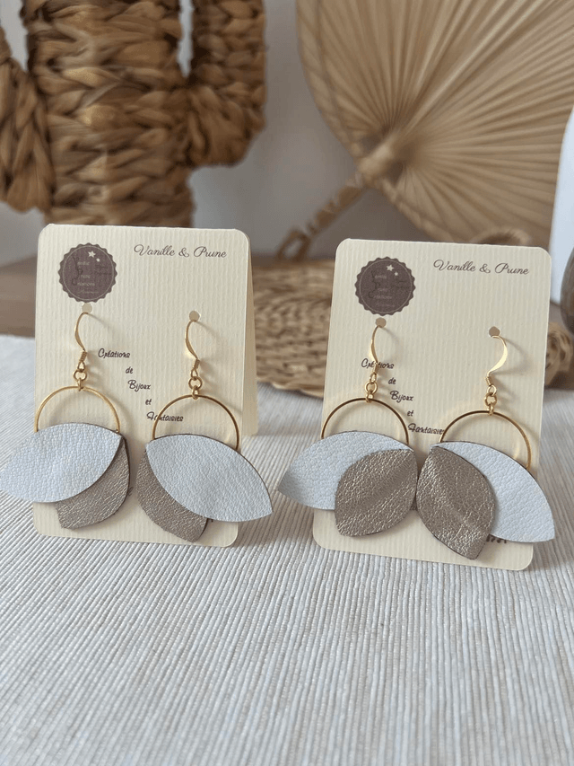 Boucles d'oreilles Penny cuir et simili, bijou upcycling doré