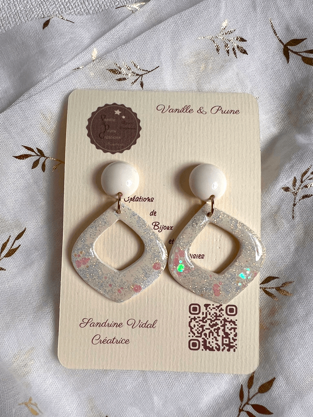 Boucles d'oreilles losanges arrondis, ajourées et décos pailletées Aurores boréales