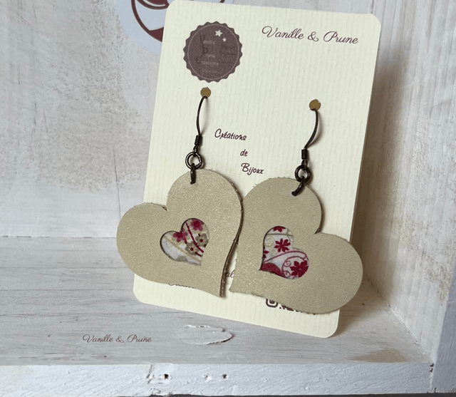 Boucles d'oreilles VALENTINE bronze, jolis coeurs en cuir et Liberty, bijou upcycling