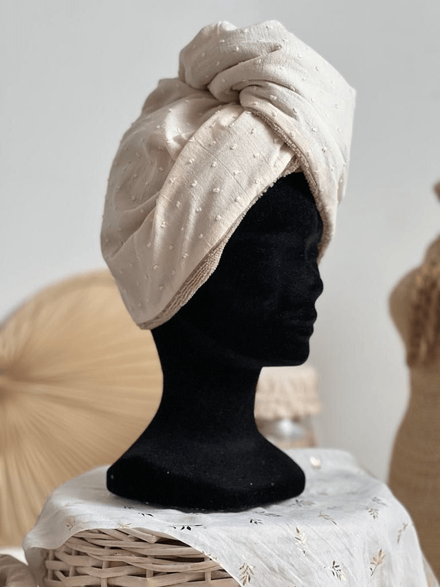 Turban de bains crème et éponge bambou taupe