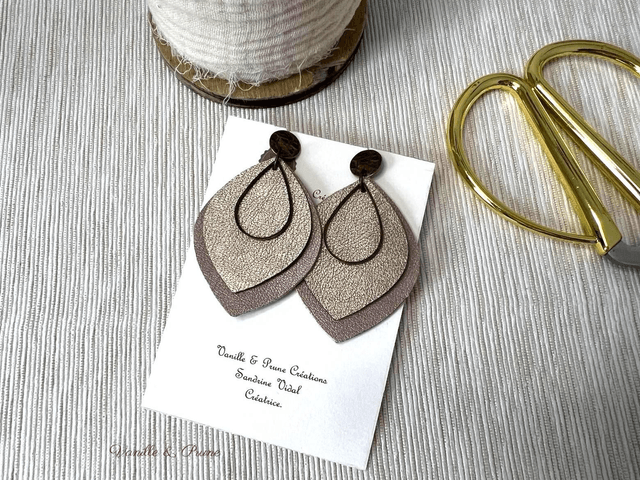 Boucles d'oreilles ANNA, formes feuilles, bijou upcycling en similicuir doré rose et bronze