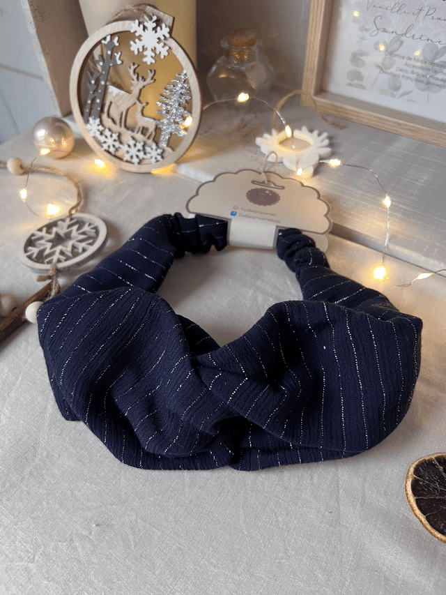 Bandeau croisé double gaze de coton bleu marine lurex silver