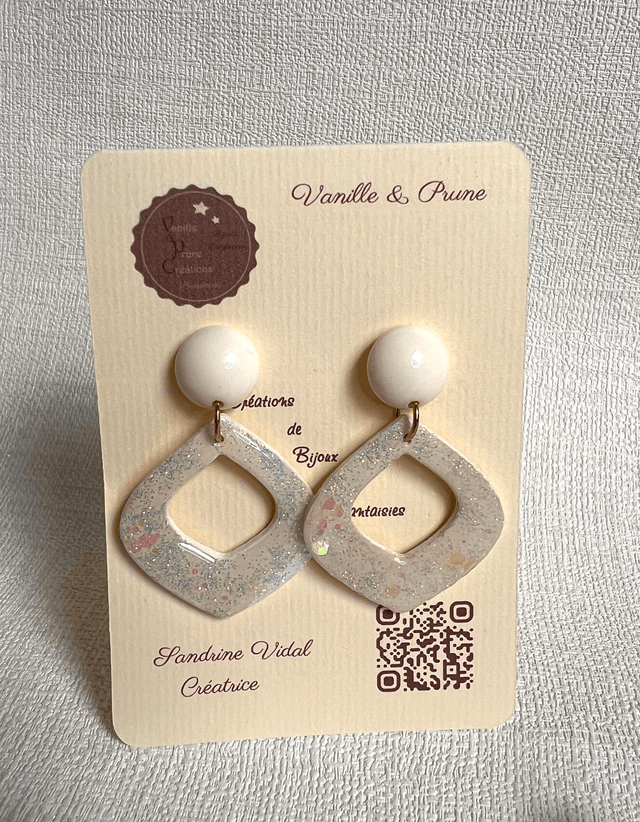 Boucles d'oreilles losanges arrondis, ajourées et décos pailletées Aurores boréales