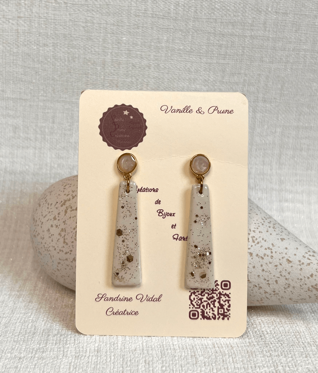 Boucles d'oreilles en trapèzes allongés, décos en paillettes dorées claires
