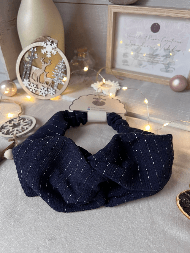 Bandeau croisé double gaze de coton bleu marine lurex silver