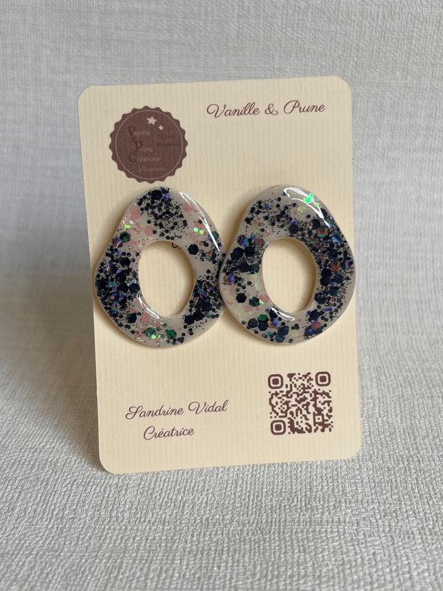 Boucles d'oreilles forme beignet, ajourées et décos pailletées bleu nuit et rose AB