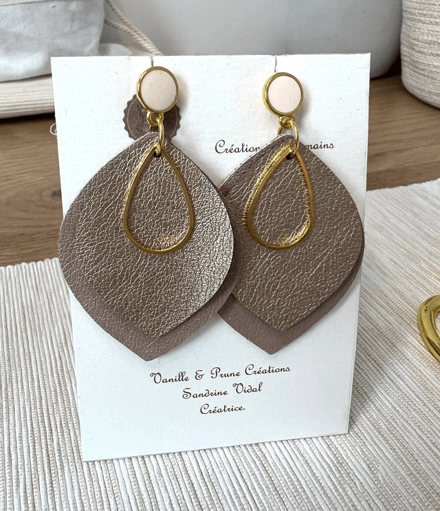 Boucles d'oreilles ANNA, formes feuilles, bijou upcycling en similicuir doré rose et doré