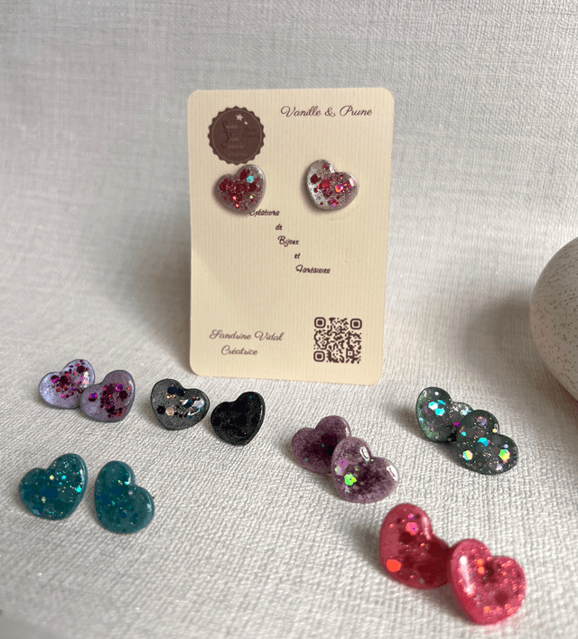 Boucles d'oreilles petits coeurs noirs et paillettes noires irisées 