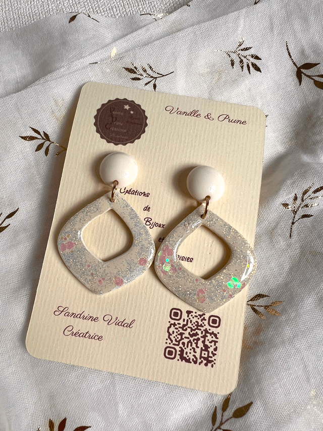 Boucles d'oreilles losanges arrondis, ajourées et décos pailletées Aurores boréales