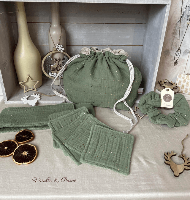 Pack beauté pochon de voyage, bandeau, Lingettes lavables,  Chouchou kaki et pois doré