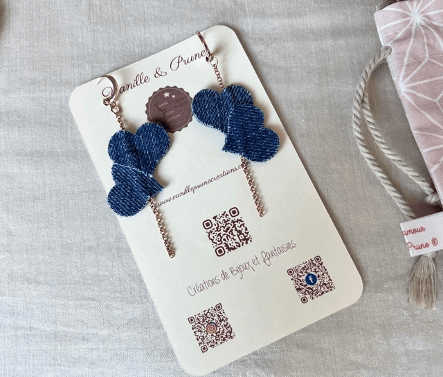 Boucles d'oreilles MY VALENTINE dorées roses, coeurs enlacés en jeans recyclé, bijou upcycling