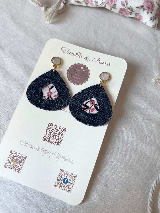 Boucles d'oreilles JOYCE dorée, jolies gouttes en jeans, tissu recyclé fleuri, bijou upcycling