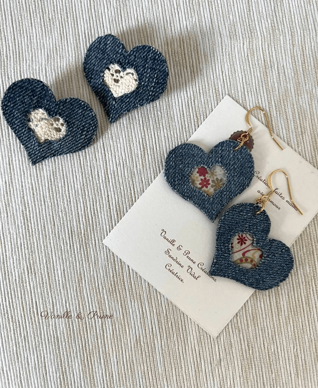 Boucles d'oreilles VALENTINE dorée, jolis coeurs en jeans et Liberty, bijou upcycling