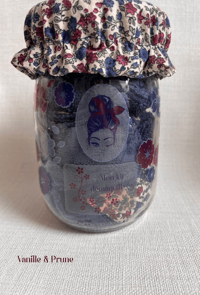 Kit Beauté zéro déchet fleuri bleu et prune et son bocal déco assorti  