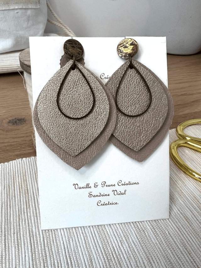 Boucles d'oreilles ANNA, formes feuilles, bijou upcycling en similicuir doré rose et bronze