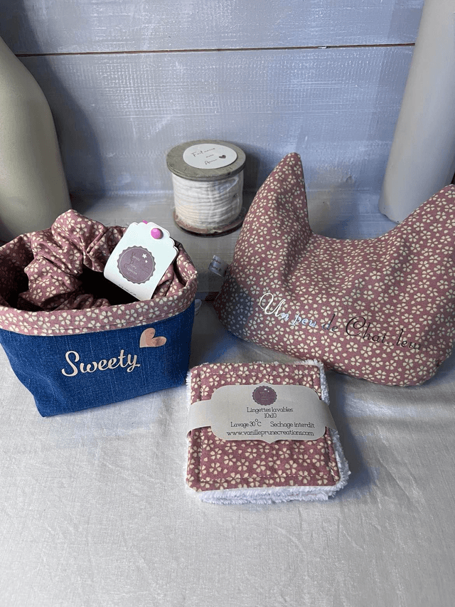 Assortiment douceur lingettes lavables, panier assorti, bouillotte sèche et chouchou offert!