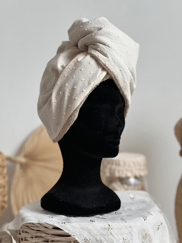Turban de bains crème et éponge bambou taupe