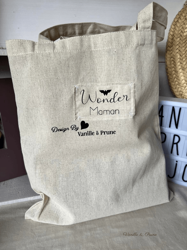 Tote bag, sac en toile de lin beige  ** WONDER MAMAN **