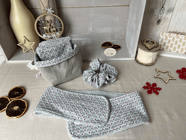 Pack beauté bandeau, Lingettes lavables, panier assorti et Chouchou éventails gris