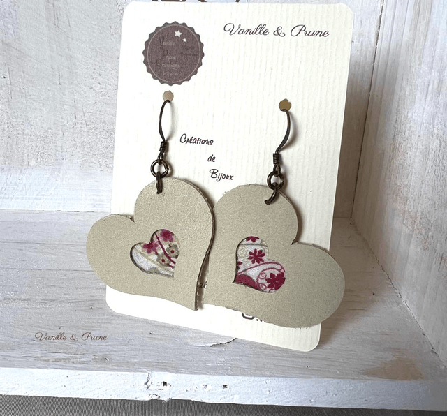 Boucles d'oreilles VALENTINE bronze, jolis coeurs en cuir et Liberty, bijou upcycling