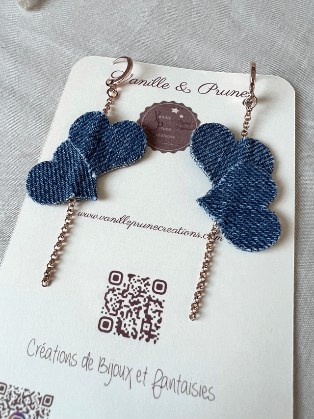 Boucles d'oreilles MY VALENTINE dorées roses, coeurs enlacés en jeans recyclé, bijou upcycling
