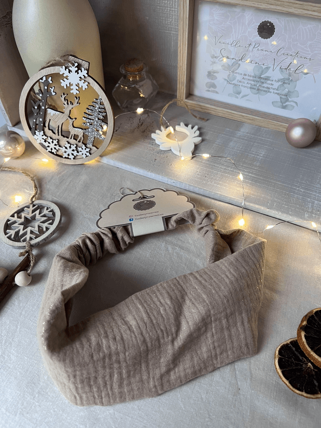Bandeau simple et large en double gaze de coton beige foncé et reflets irisés dorés 