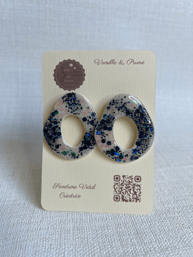 Boucles d'oreilles forme beignet, ajourées et décos pailletées bleu nuit et rose AB
