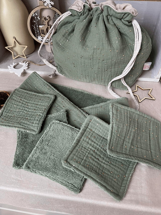 Pack beauté pochon de voyage, bandeau, Lingettes lavables,  Chouchou kaki et pois doré