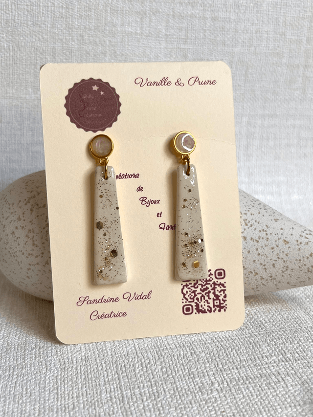 Boucles d'oreilles en trapèzes allongés, décos en paillettes dorées claires