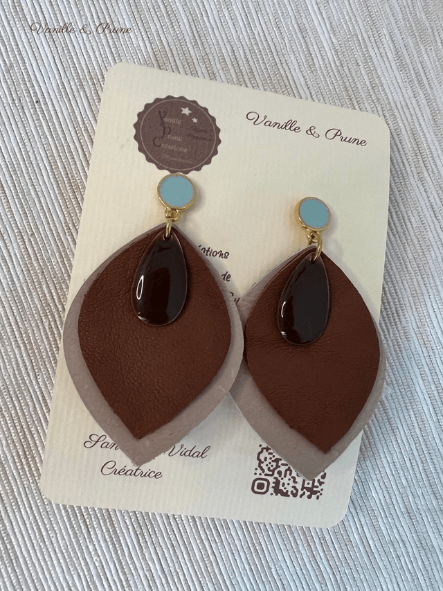 Boucles d'oreilles ANNA, formes feuilles, bijou upcycling en cuir véritable chocolat