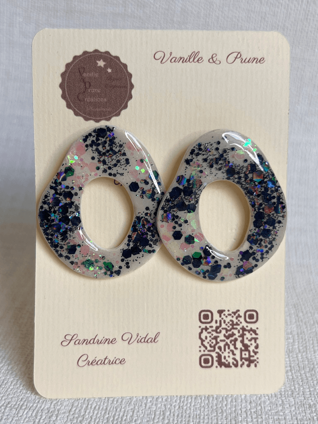Boucles d'oreilles forme beignet, ajourées et décos pailletées bleu nuit et rose AB