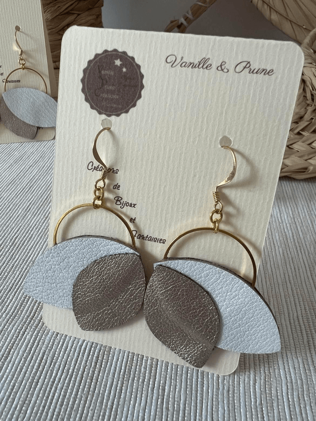 Boucles d'oreilles Penny cuir et simili, bijou upcycling doré