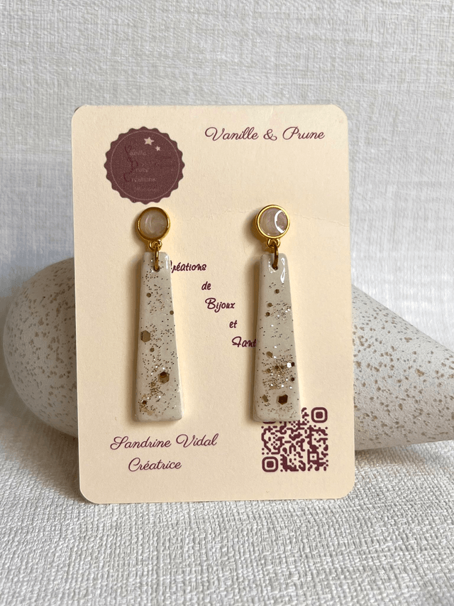 Boucles d'oreilles en trapèzes allongés, décos en paillettes dorées claires