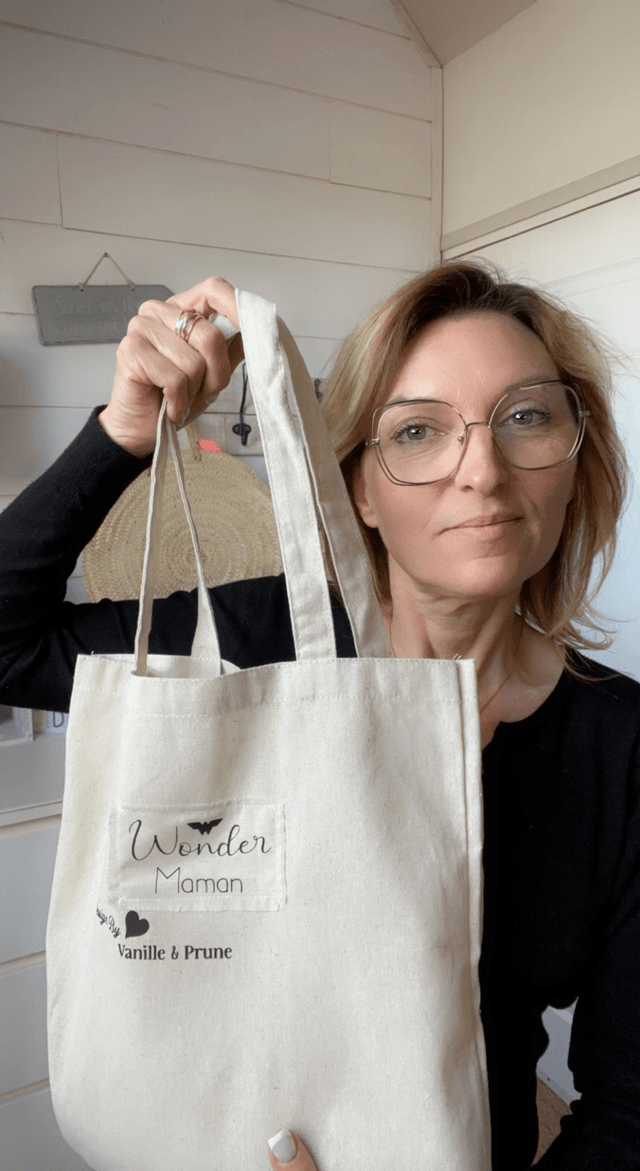 Tote bag, sac en toile de lin beige  ** WONDER MAMAN **