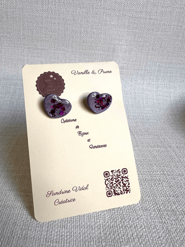 Boucles d'oreilles petits coeurs violet nacré et paillettes rose violet reflets AB 