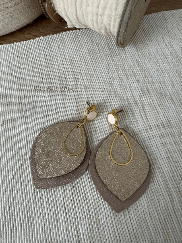 Boucles d'oreilles ANNA, formes feuilles, bijou upcycling en similicuir doré rose et doré