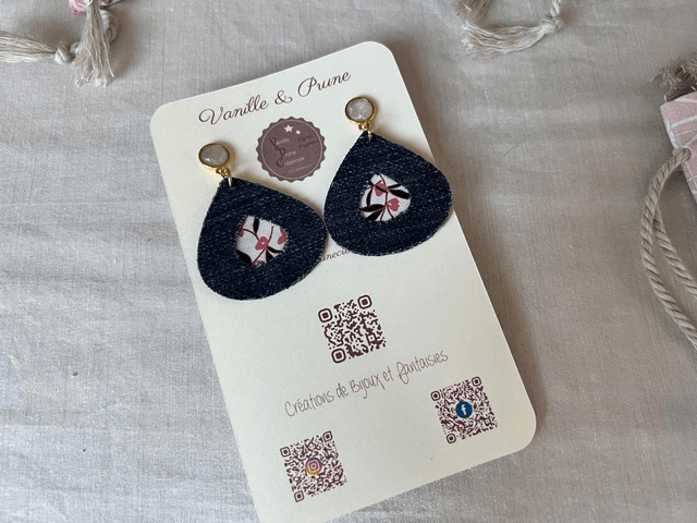 Boucles d'oreilles JOYCE dorée, jolies gouttes en jeans, tissu recyclé fleuri, bijou upcycling