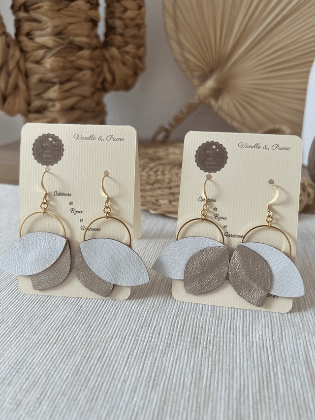 Boucles d&#039;oreilles Penny cuir et simili, bijou upcycling doré