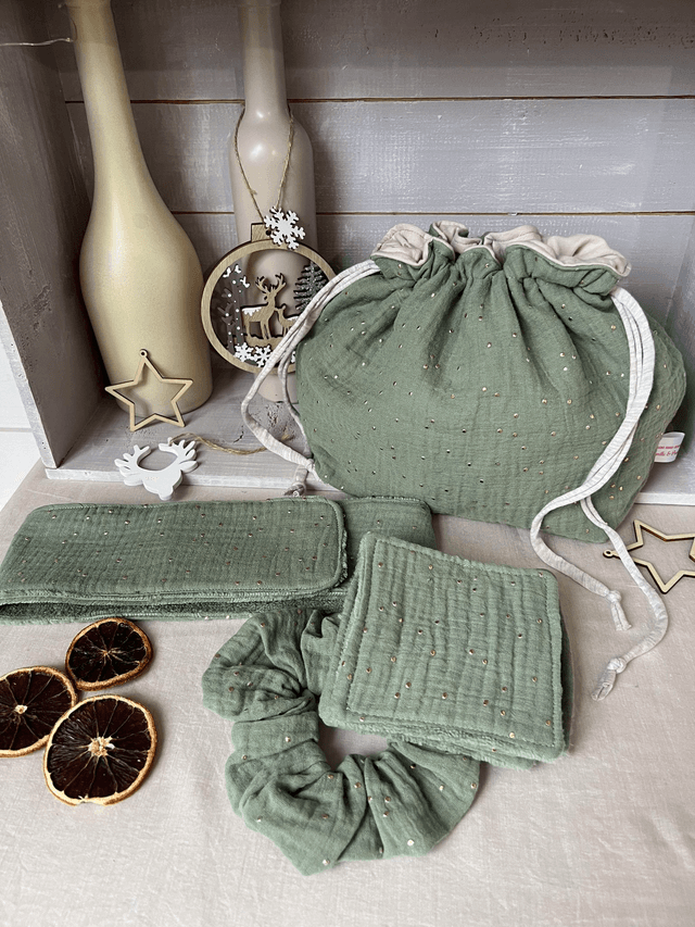 Pack beauté pochon de voyage, bandeau, Lingettes lavables,  Chouchou kaki et pois doré