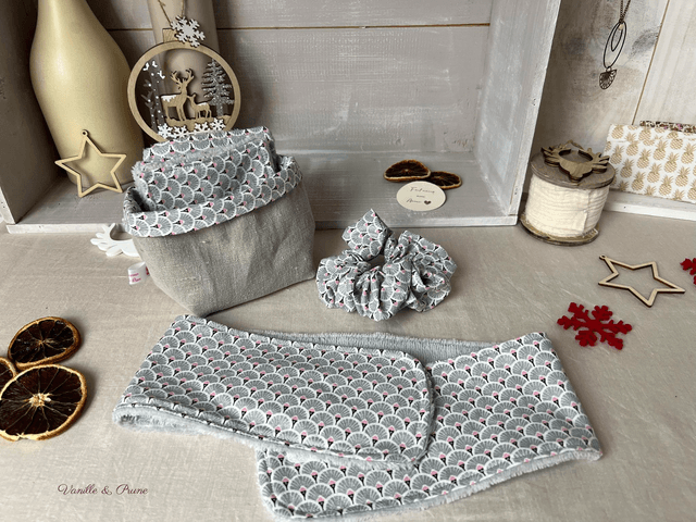 Pack beauté bandeau, Lingettes lavables, panier assorti et Chouchou éventails gris