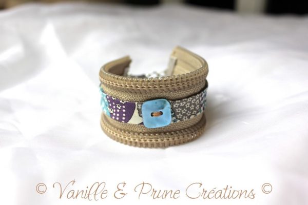 Bracelet zippé lin, biais liberty gris, prune et bleu