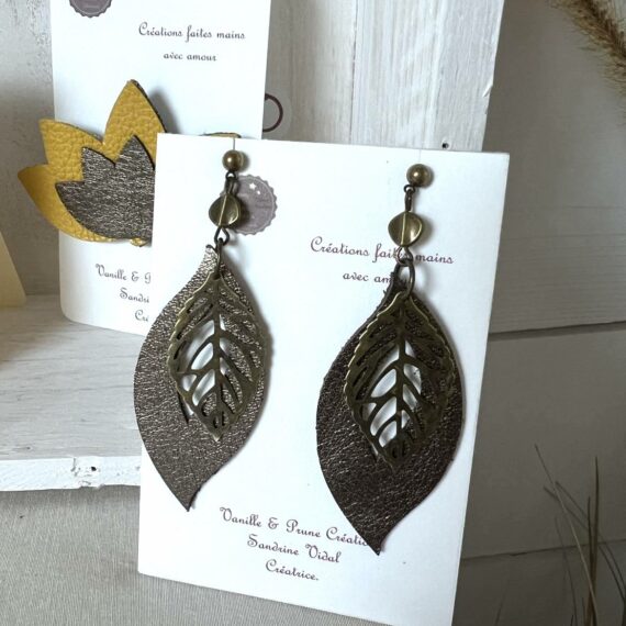 Boucles d'oreilles PLUME bronze, feuilles évidées en cuir irisé, bijou upcycling
