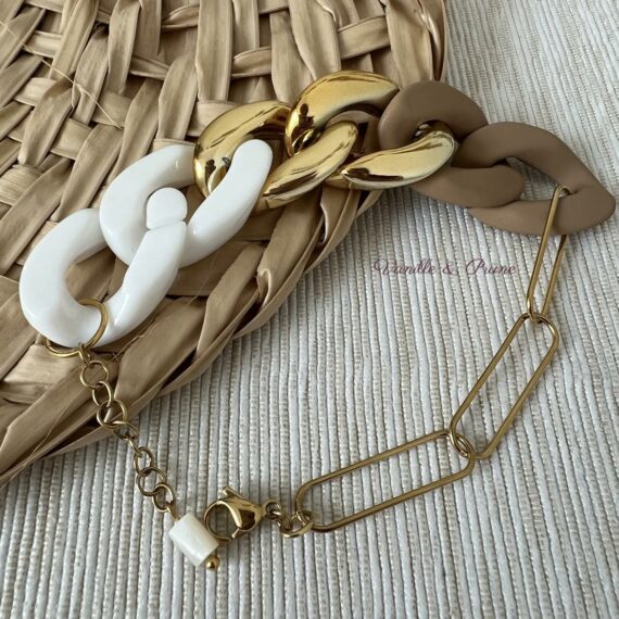 Bracelets acryliques maillons dorés, taupe mat et blancs